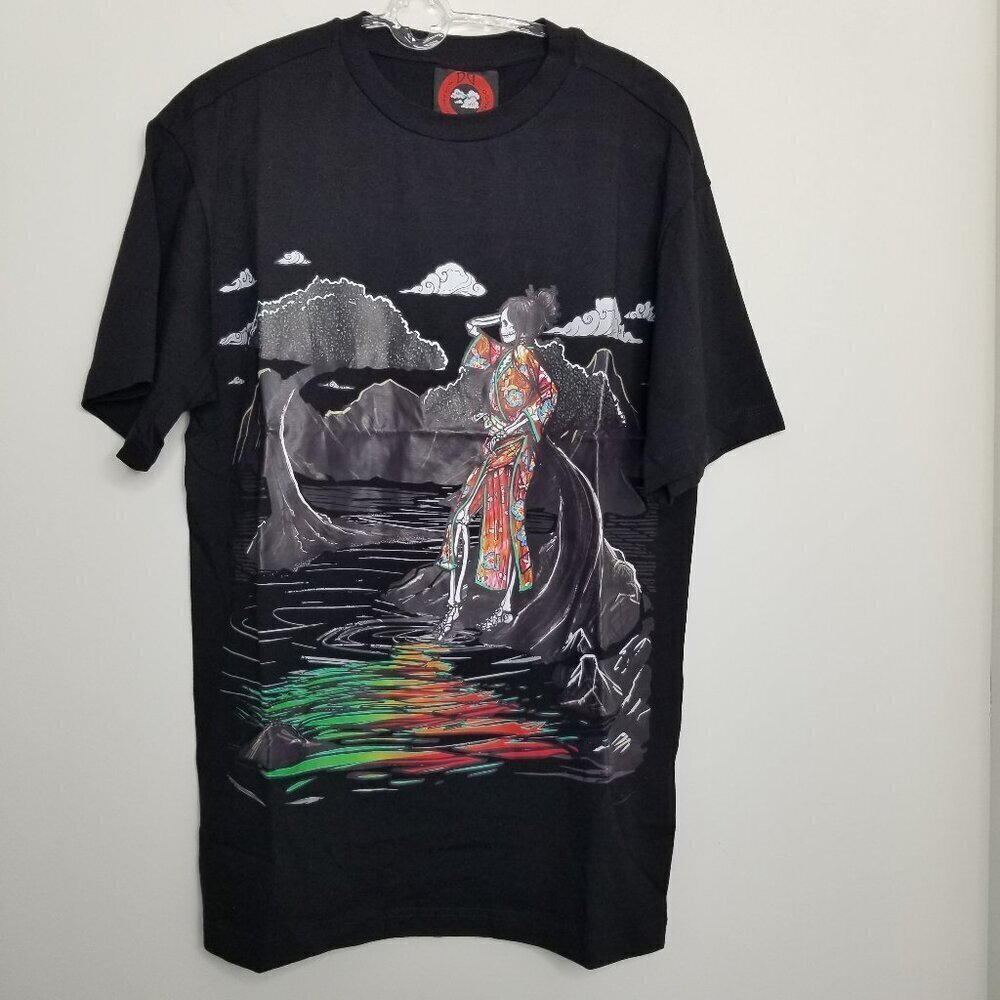 Anime TShirt Goth Grunge Dark Black Fairy Tale Skull Kimono Geisha Sz Small